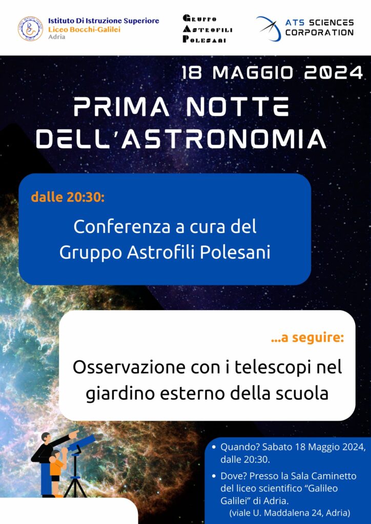 18 maggio 2024 prima notte dell'astronomia ad Adria, presso la Sala Caminetto del liceo scientirfico "Galileo Galilei", viale U. Maddalena 24, Adria